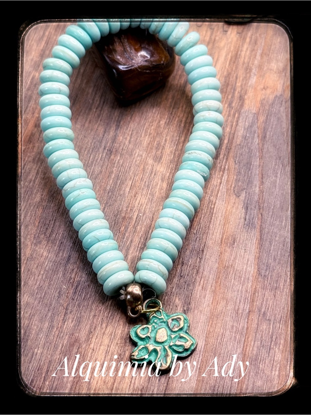 Mint Turquoise Beaded Necklace with Patina Flower Charm